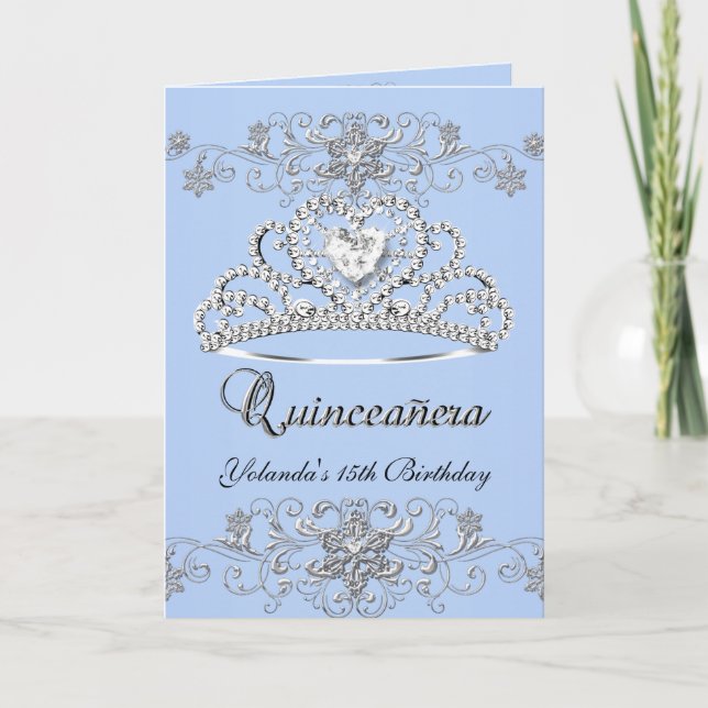 Invitación Foto de Tiara, Purpurina azul plegado Quinceanera (Anverso)