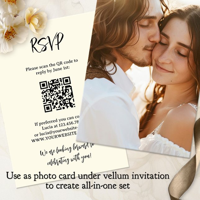 Invitación Foto de todo en un Boda de fondo de Vellum (Photo wedding invitation background with RSVP and QR code - all-in-one with vellum invite)
