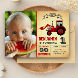 Invitación Foto de Tractor Rojo de Granja para Cumpleaños 1st