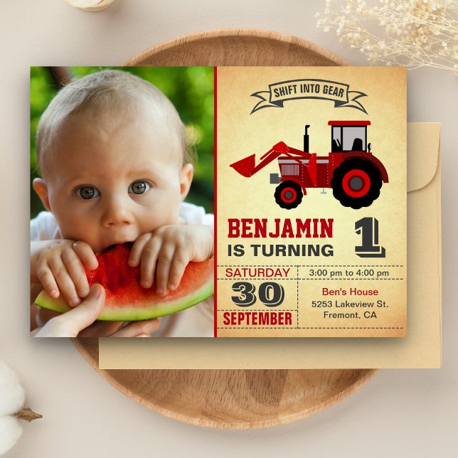 Invitación Foto de Tractor Rojo de Granja para Cumpleaños 1st (Subido por el creador)