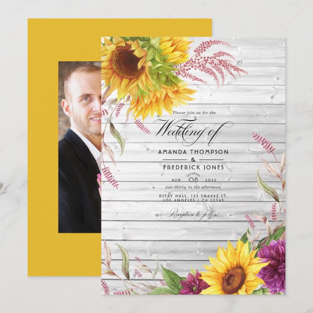 Invitación Foto de un Boda de girasol en un campo rústico (Anverso / Reverso)
