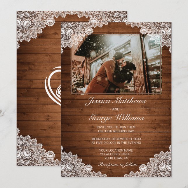 Invitación Foto de un Boda de madera rústica y encaje blanco (Anverso / Reverso)