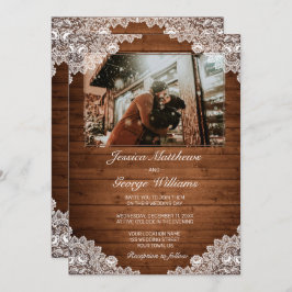 Invitación Foto de un Boda de madera rústica y encaje blanco