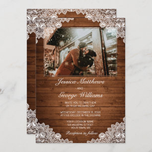 Invitación Foto de un Boda de madera rústica y encaje blanco