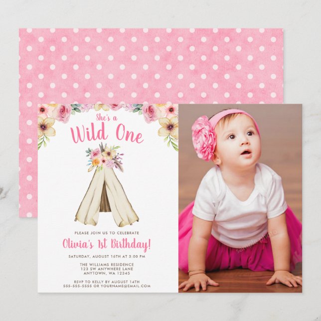 Invitación Foto De Un Cumpleaños De Boho Floral Tribal Teepee (Anverso / Reverso)