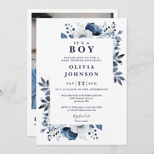 Invitación Foto De Un Niño Floral Azul QR Baby Shower (Anverso / Reverso)