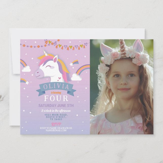 Invitación Foto de Unicorn Rainbows Birday Party Purple Stars (Anverso)