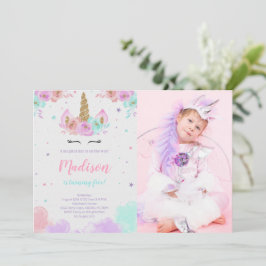 Invitación Foto de unicornio con flores de cumpleaños de unic