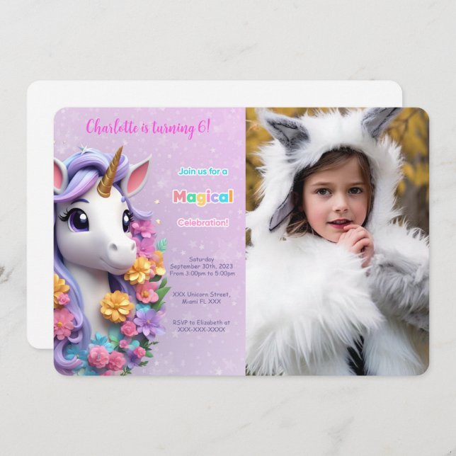 Invitación Foto de Unicornio de Cumpleaños 6 (Anverso / Reverso)