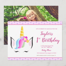 Invitación Foto de unicornio fiesta de primer cumpleaños