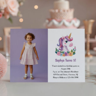 Invitación Foto de Unicornio Morado Lindo Fiesta de Cumpleaño