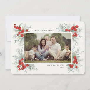 Invitación Foto de vacaciones de Navidad con bayas rojas pint