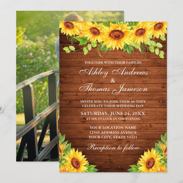 Invitación Foto de vegetación floral de girasol de madera rús (Anverso / Reverso)