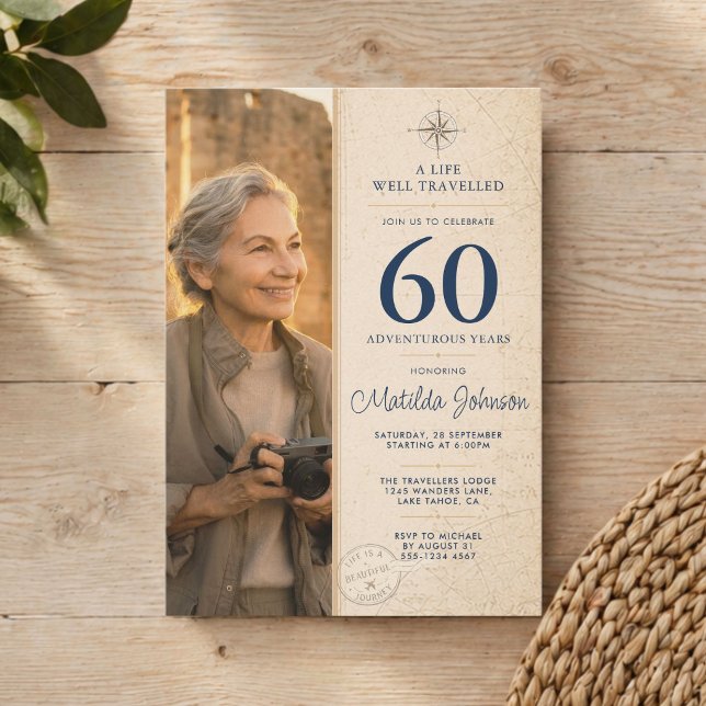 Invitación Foto de viaje de aventura para 60 cumpleaños (Adventure Travel Photo 60th Birthday Invitation)