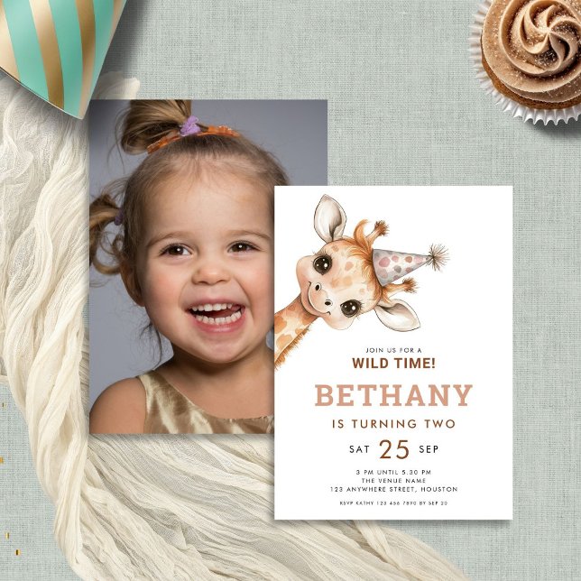 Invitación Foto de Wild Time Giraffe Segundo Fiesta de Cumple (Front and back view)