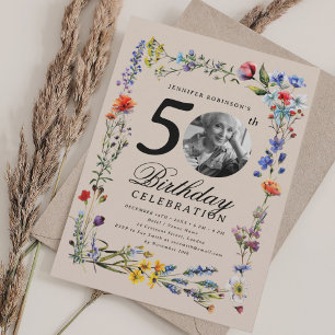 Invitación Foto de Wildflower Meadow 50 cumpleaños Champagne
