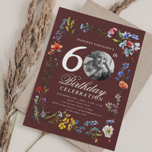 Invitación Foto de Wildflower Meadow 60 cumpleaños Borgoña