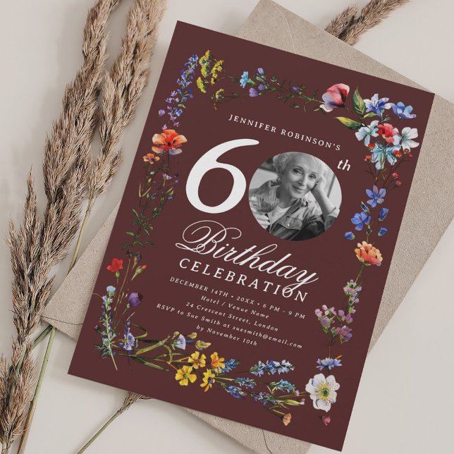 Invitación Foto de Wildflower Meadow 60 cumpleaños Borgoña (Wildflower Meadow Photo 60th Birthday Burgundy Invitation)