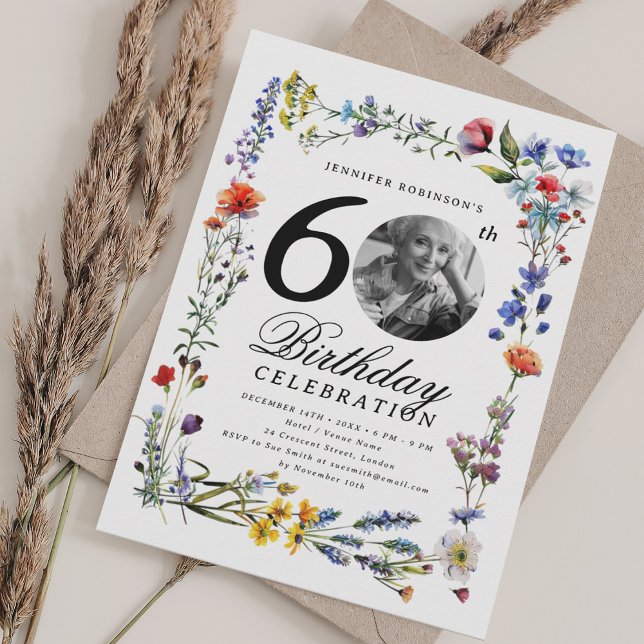 Invitación Foto de Wildflower Meadow Fiesta de cumpleaños núm (Wildflower Meadow Photo 60th Birthday Party Invitation)