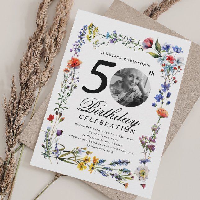 Invitación Foto de Wildflower Meadow Fiesta de cumpleaños núm (Wildflower Meadow Photo 50th Birthday Party Invitation)