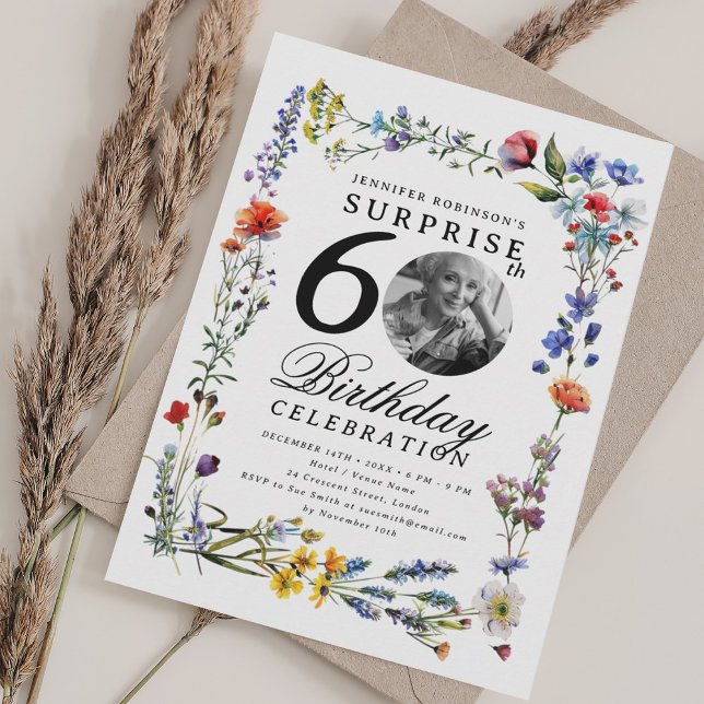 Invitación Foto de Wildflower Meadow SORPRESA 60 cumpleaños (Wildflower Meadow Photo SURPRISE 60th Birthday Invitation)