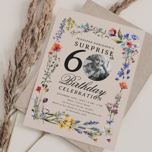 Invitación Foto de Wildflower SORPRISE 60 cumpleaños Champagn (Wildflower Photo SURPRISE 60th Birthday Champagne Invitation)