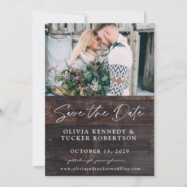 Invitación Foto de Wood Rustic Save the Date Invitation (Anverso)