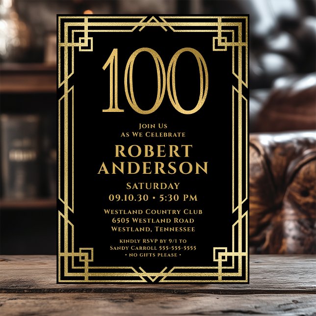 Invitación Foto del 100 cumpleaños Black Gold  (Subido por el creador)