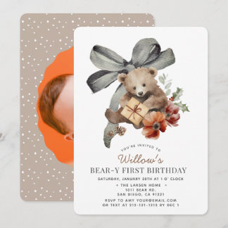 Invitación Foto del 1er cumpleaños de Beary con lazo gris