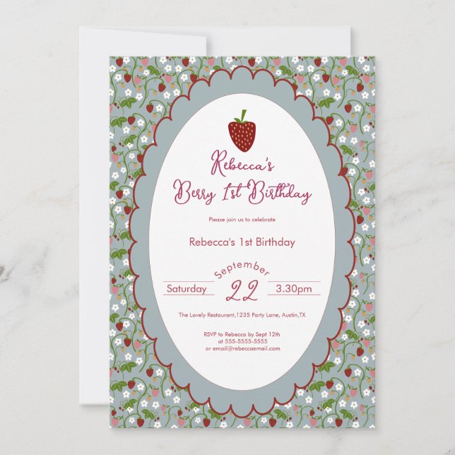 Invitación Foto del 1er cumpleaños de Berry First Strawberry (Anverso)