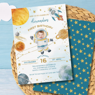 Invitación Foto del 1er cumpleaños del niño astronauta espaci