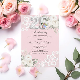 Invitación Foto del 25º aniversario del boda de florals rosad