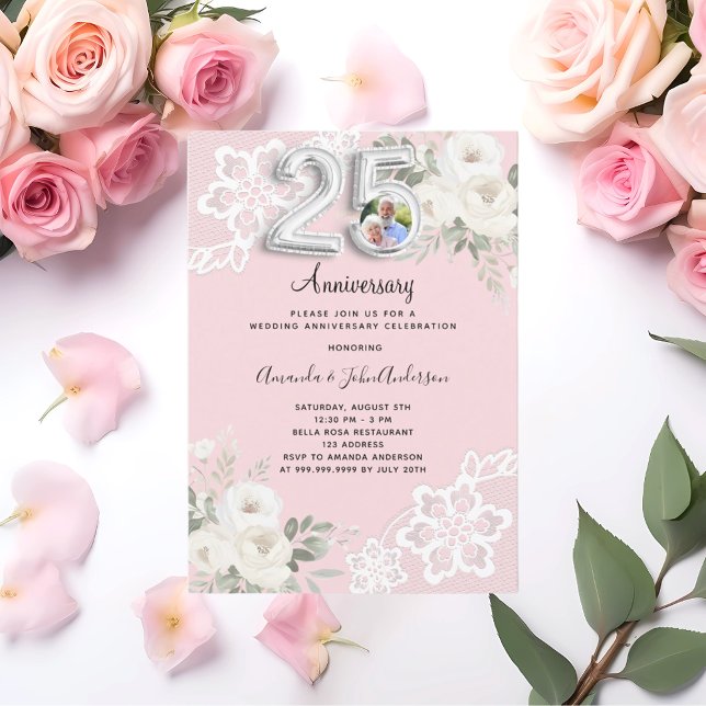 Invitación Foto del 25º aniversario del boda de florals rosad (Subido por el creador)