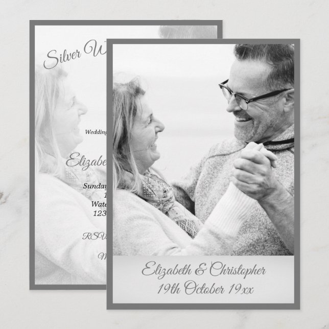 Invitación Foto del 25° Aniversario del Boda Plata Blanco Neg (Anverso / Reverso)