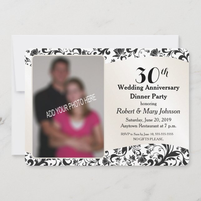 Invitación Foto del 30 aniversario de boda con remolino negro (Anverso)