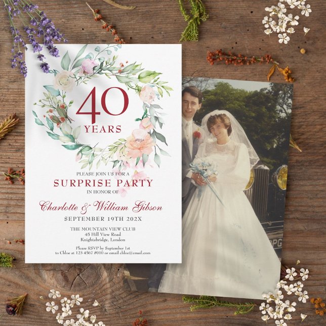 Invitación Foto del 40º aniversario de Surprise Fiesta Floral (Surprise Party Floral 40th Anniversary Photo Invitation)