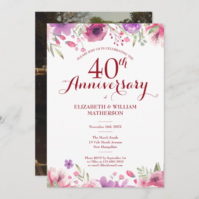 Invitación Foto del 40 aniversario de boda con rosas acuarela (Anverso / Reverso)