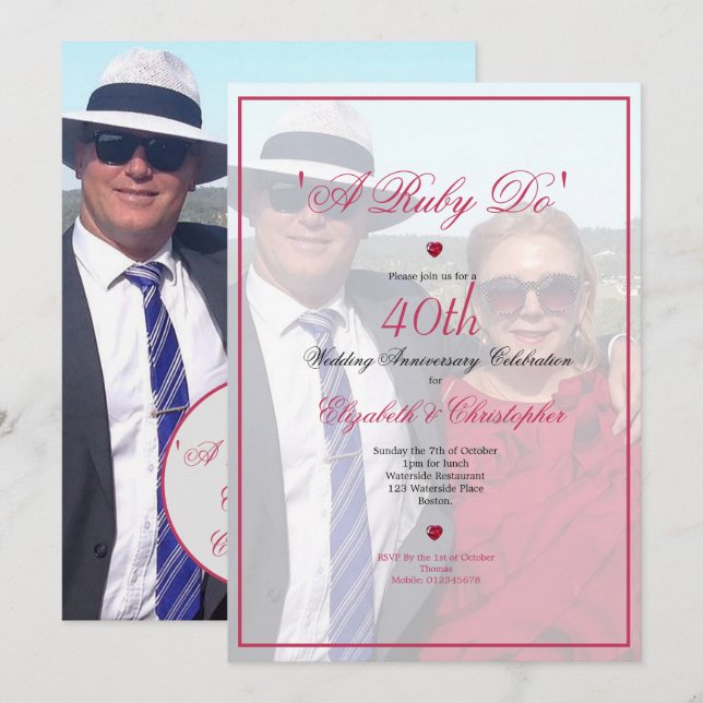 Invitación Foto del 40° Aniversario del Boda Elegante A Ruby  (Anverso / Reverso)