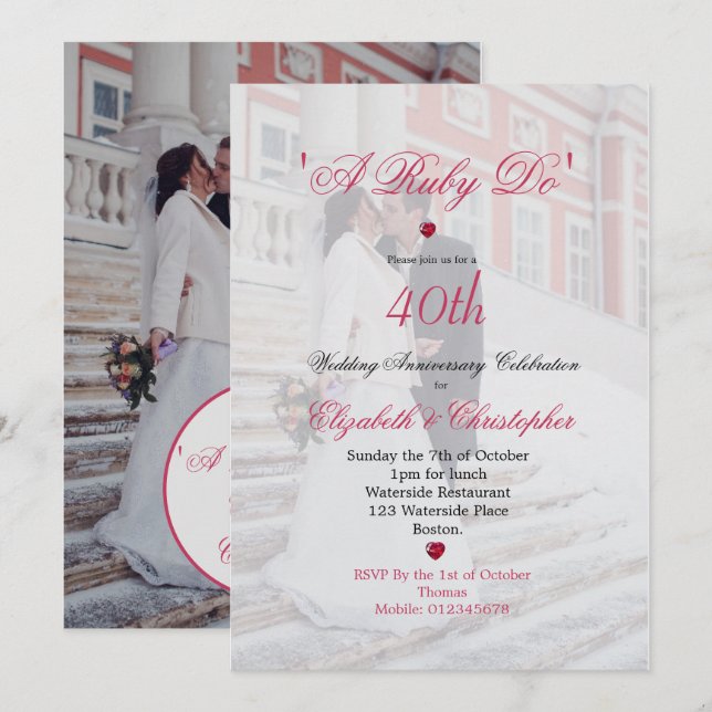 Invitación Foto del 40° Aniversario del Boda Elegante A Ruby  (Anverso / Reverso)