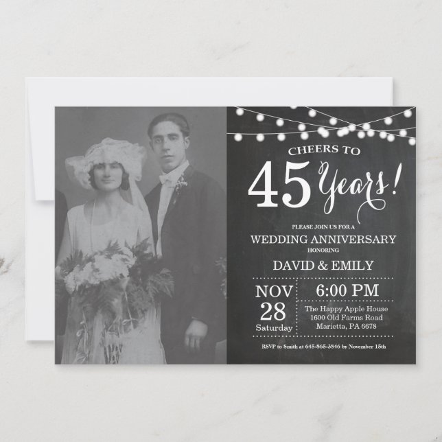 Invitación Foto del 45° aniversario del Boda en Chalkboard (Anverso)