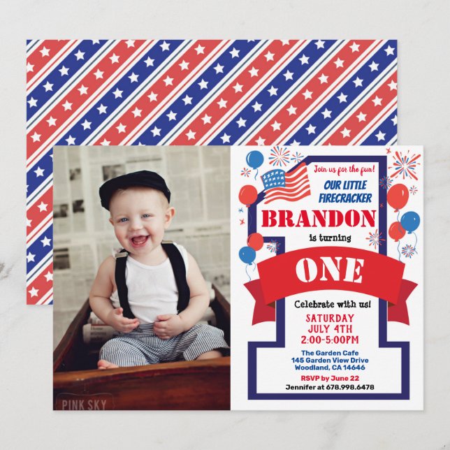 Invitación Foto del 4 de julio, primer Chica de cumpleaños (Anverso / Reverso)