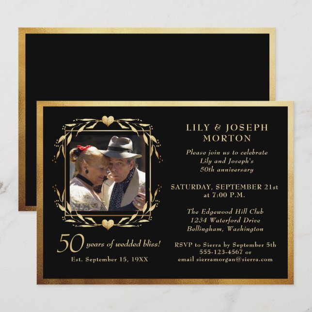 Invitación Foto del 50º Aniversario de Boda en Negro y Dorado (Anverso / Reverso)