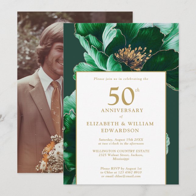 Invitación Foto del 50º aniversario de la floral verde esmera (Anverso / Reverso)