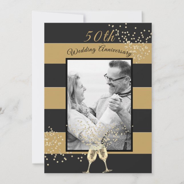 Invitación Foto del 50° aniversario del Boda Oro Negro Elegan (Anverso)