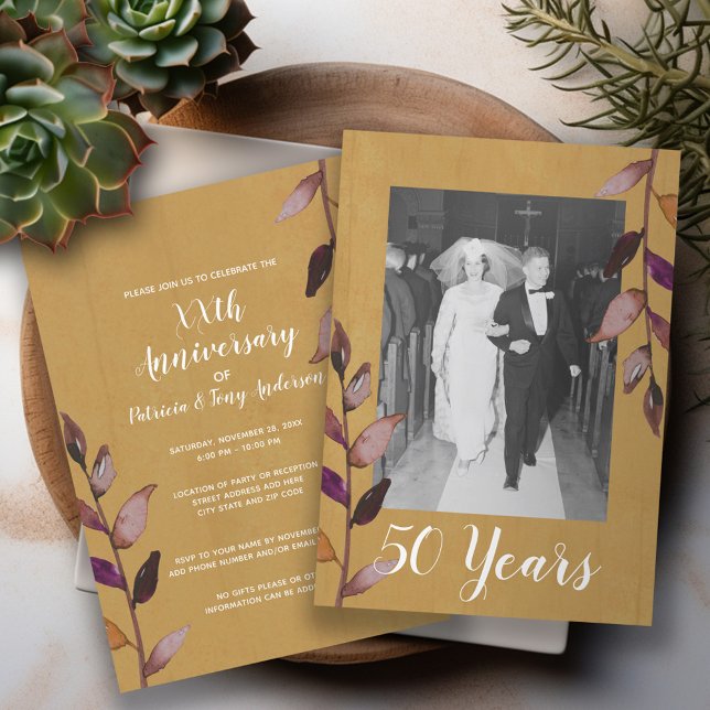 Invitación Foto del 50° Aniversario del Boda - Planta de Oro (Wedding Anniversary Invitation)