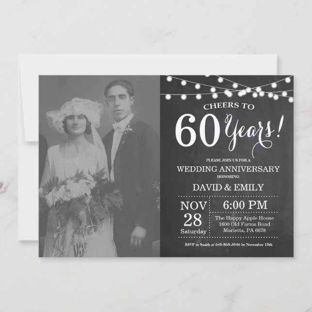 Invitación Foto del 60 aniversario del Boda en Chalkboard (Anverso)