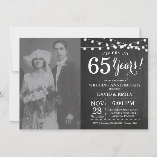 Invitación Foto del 65° Aniversario Boda de Chalkboard (Anverso)