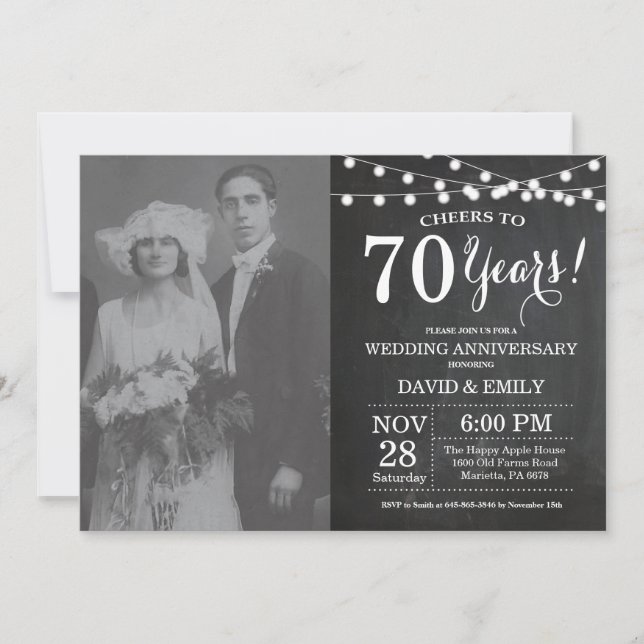 Invitación Foto del 70 aniversario del Boda en Chalkboard (Anverso)