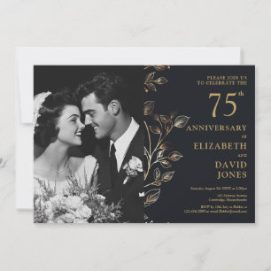 Invitación Foto del 75° Aniversario del Boda Negro Y Oro