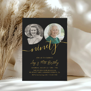 Invitación Foto del 90 cumpleaños en negro y oro